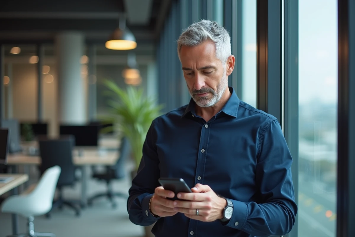 Homme consultant son compte MyPeopleDoc sur mobile dans un environnement de bureau professionnel