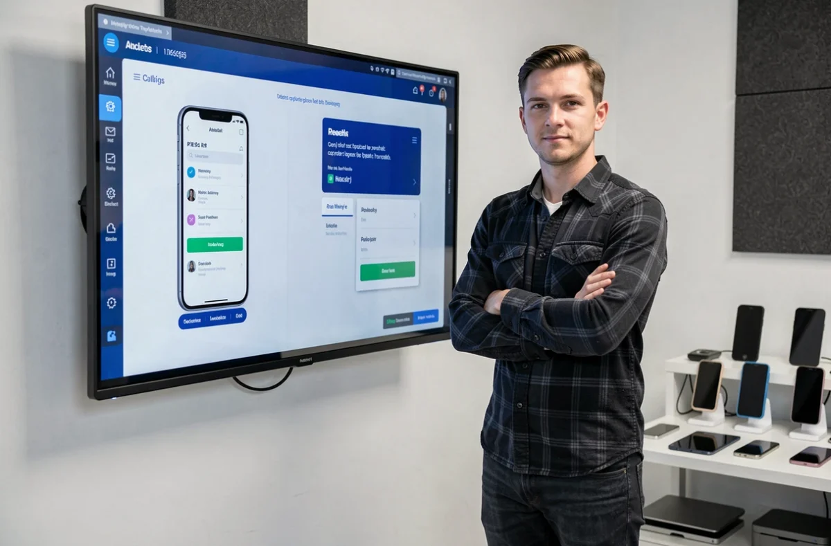 Développeur de l'agence French App and Web présentant une application mobile et une interface web en parallèle dans un bureau axé sur la technologie avec des appareils de test visibles