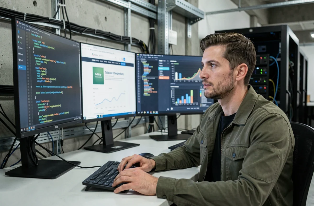 Développeur full-stack de l'agence Kwalt travaillant sur trois écrans affichant du code, un aperçu de site web et un tableau de bord analytique dans un espace de travail technologique industriel