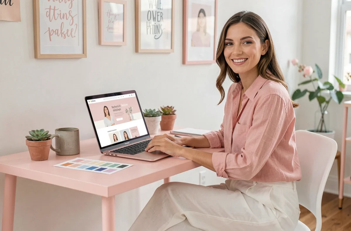 Designer web de l'agence Le Web en Rose travaillant sur un site web féminin élégant dans un studio boutique lumineux aux accents rose pastel
