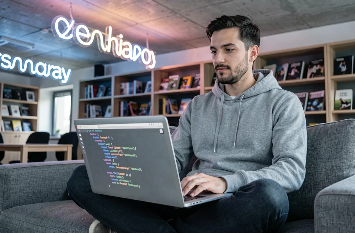 Développeur web de l'agence Linkweb codant sur un ordinateur portable dans un espace de coworking moderne avec des éléments de design industriel