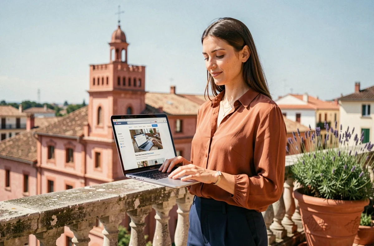 Coordinatrice de l'agence Occi Web travaillant sur un ordinateur portable sur une terrasse ensoleillée avec l'architecture en briques roses de Toulouse en arrière-plan