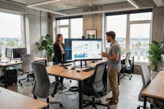 Équipe d'une agence SEO du Loiret travaillant sur des tableaux de bord d'analyse de référencement dans un bureau moderne et lumineux