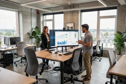 Équipe d'une agence SEO du Loiret travaillant sur des tableaux de bord d'analyse de référencement dans un bureau moderne et lumineux
