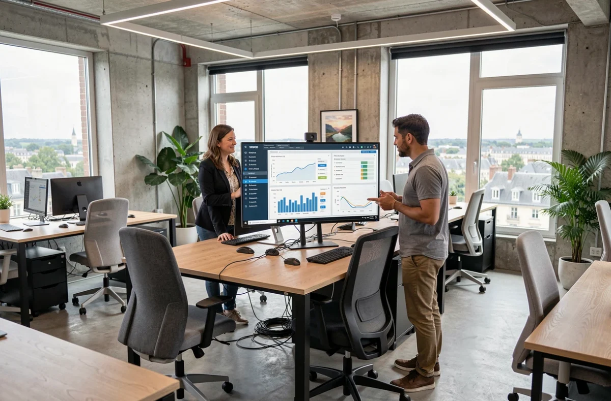 Équipe d'une agence SEO du Loiret travaillant sur des tableaux de bord d'analyse de référencement dans un bureau moderne et lumineux