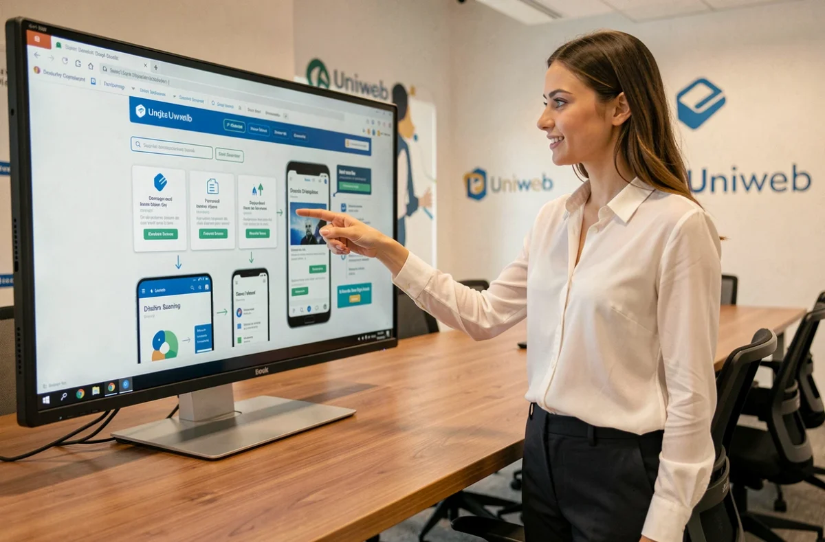 Chef de projet de l'agence Uniweb présentant une conception web responsive sur un grand écran tactile dans une salle de réunion moderne