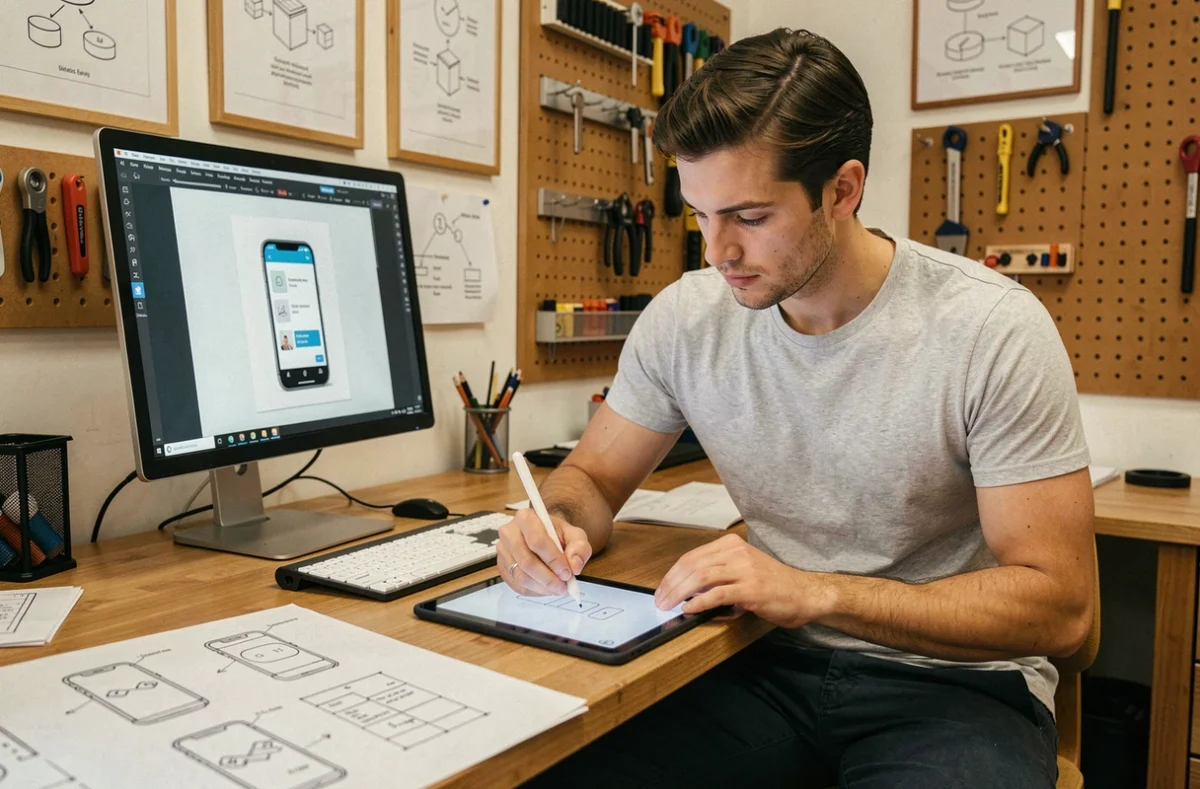 Designer UX de l'agence Webance esquissant des wireframes sur une tablette graphique dans un studio créatif avec des références de design accrochées au mur
