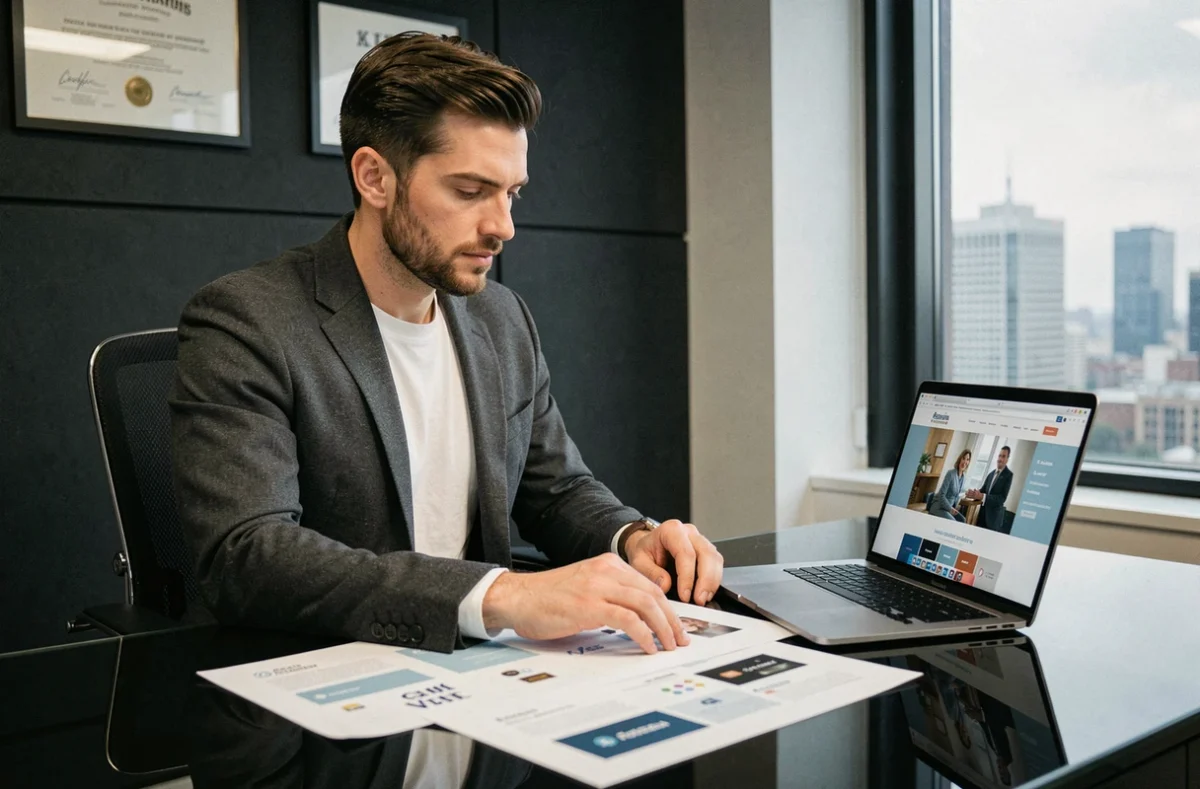Directeur créatif de l'agence West Adgency évaluant des maquettes d'identité de marque et une interface web dans un bureau moderne et haut de gamme