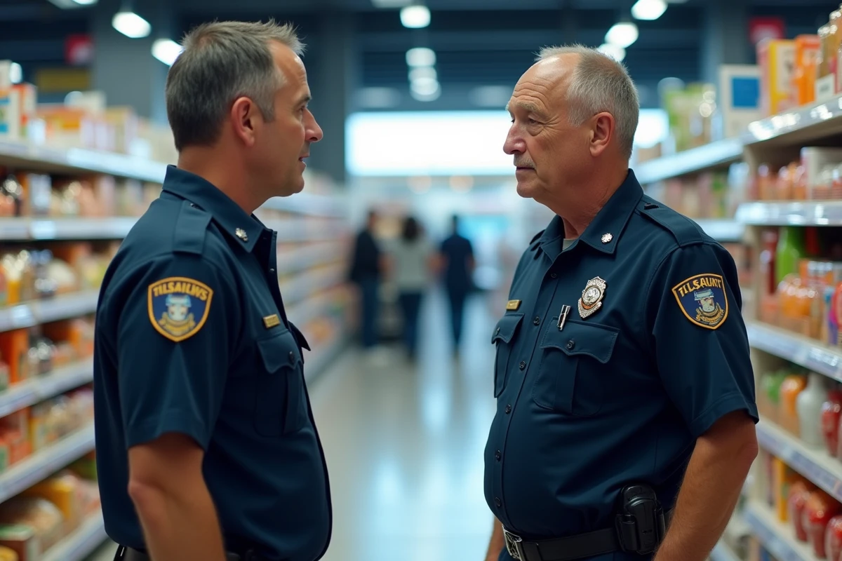 Agent de sécurité en magasin approchant calmement un client suspect dans un supermarché, illustration de la prévention du vol en commerce