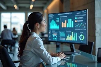 Professionnelle analysant des indicateurs clés de performance sur un tableau de bord numérique dans un bureau moderne