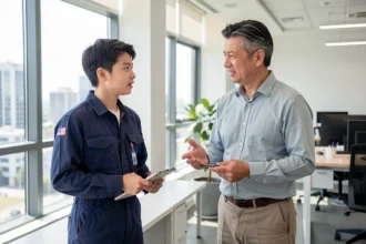 Apprenti en discussion avec son maître d'apprentissage dans un bureau lumineux