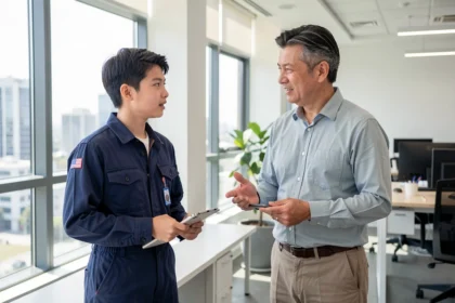 Apprenti en discussion avec son maître d'apprentissage dans un bureau lumineux