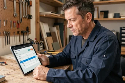 Artisan consultant un logiciel de devis sur tablette dans son atelier de travail