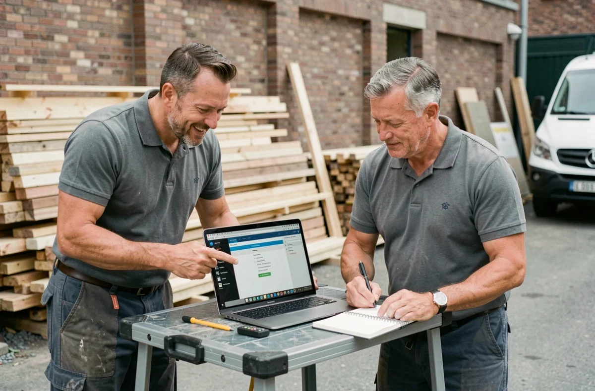 Deux artisans consultant ensemble un logiciel de gestion de commandes et devis sur chantier