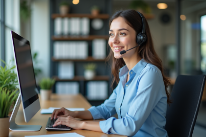 Jeune femme souriante en service client au bureau