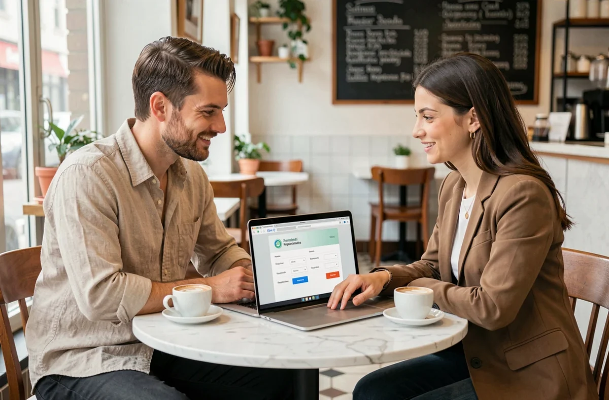 Deux associés d'une petite entreprise comparant des données de registre d'entreprise sur un ordinateur portable dans un café