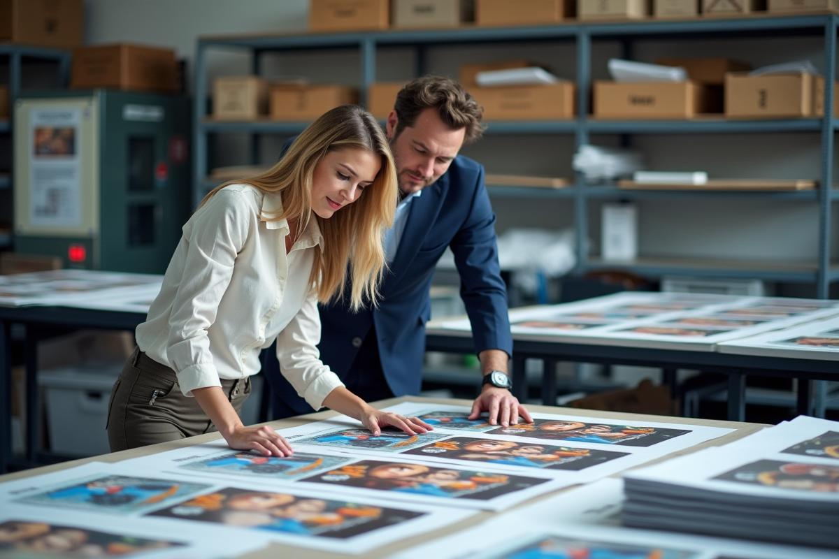 Technicien et femme d affaires vérifiant des affiches imprimées