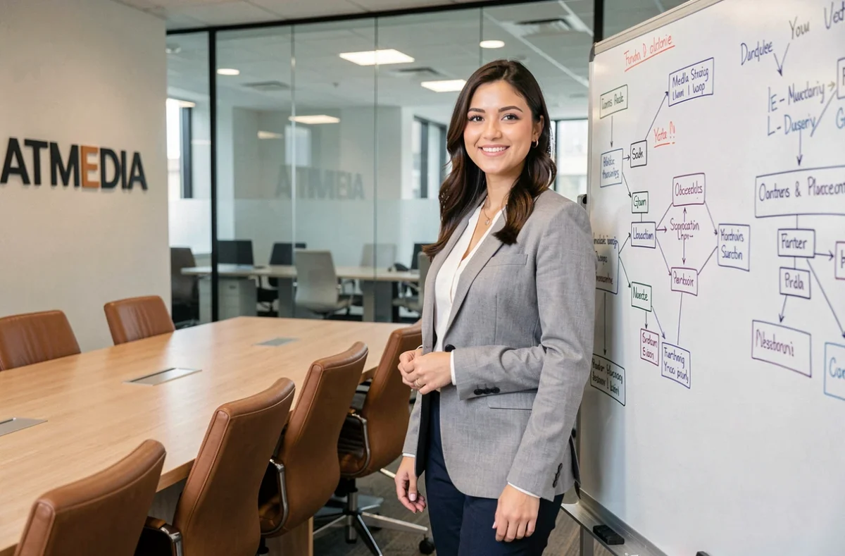 Responsable de compte de l'agence ATMEDIA & PARTNER'S présentant une stratégie médias sur un tableau blanc dans une salle de réunion professionnelle