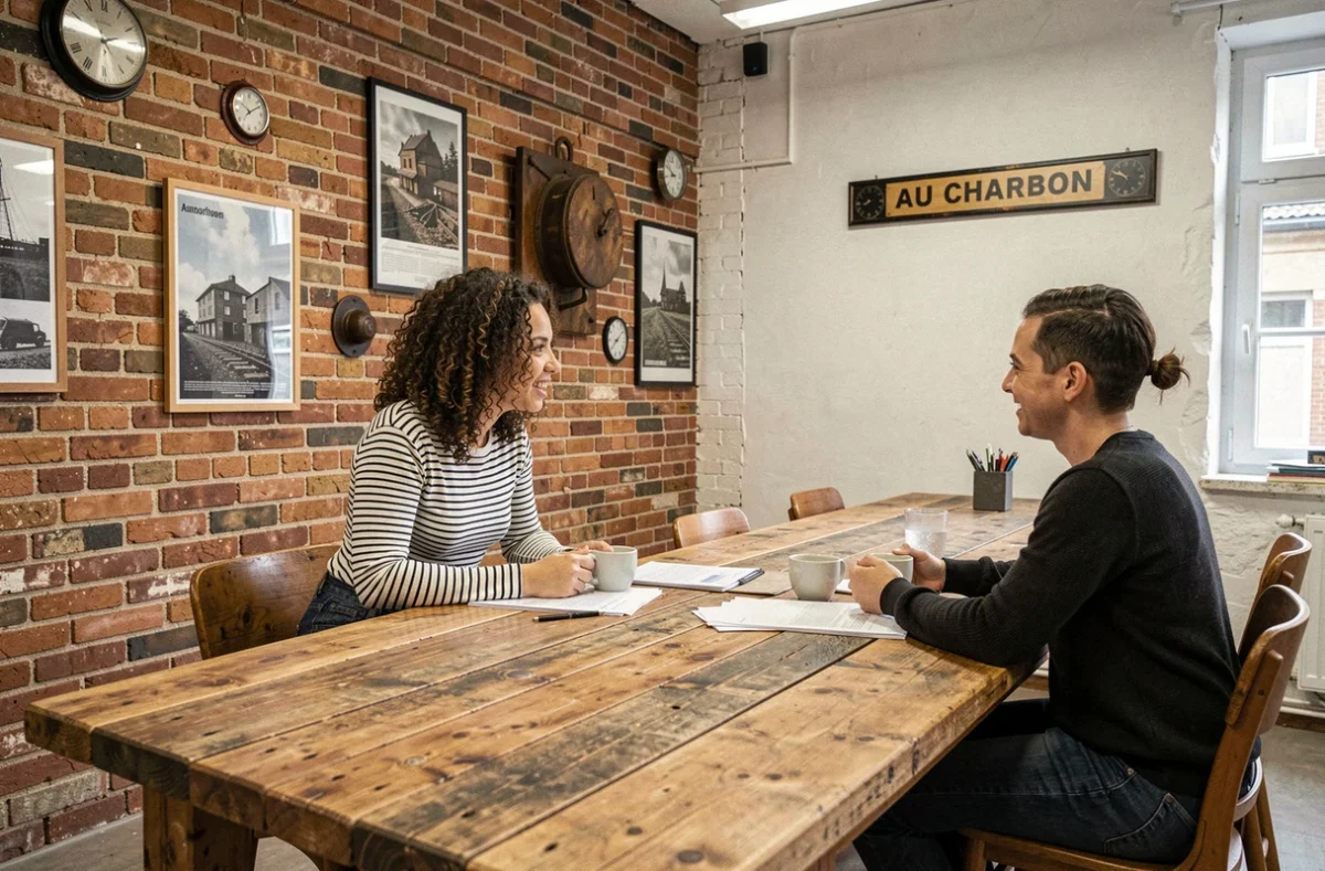 Au Charbon Caen coworking avec deux professionnelles discutant autour d'une grande table en bois recyclé