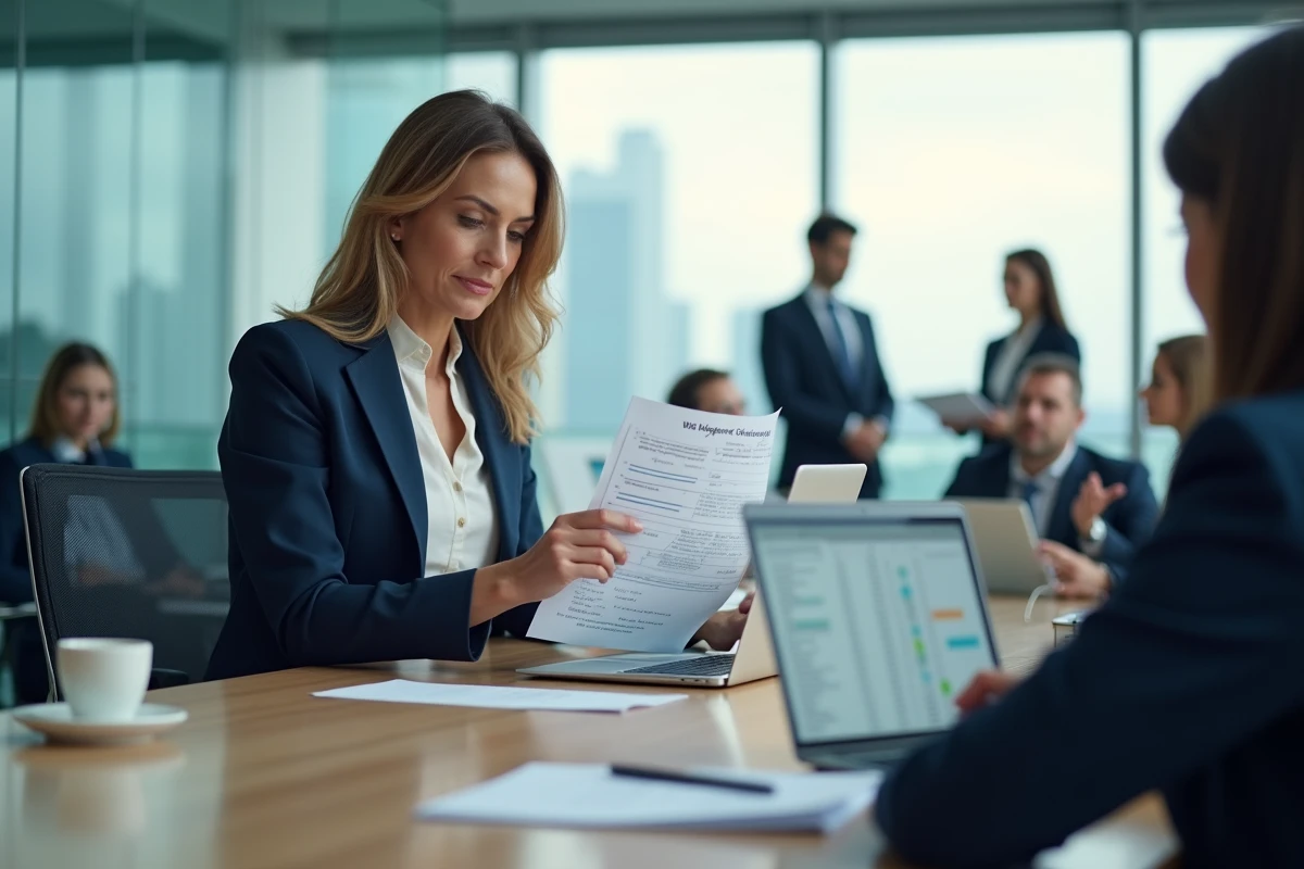 Femme cadre en blazer marine analysant une grille d'audit RSE lors d'une réunion d'entreprise en salle de conférence moderne