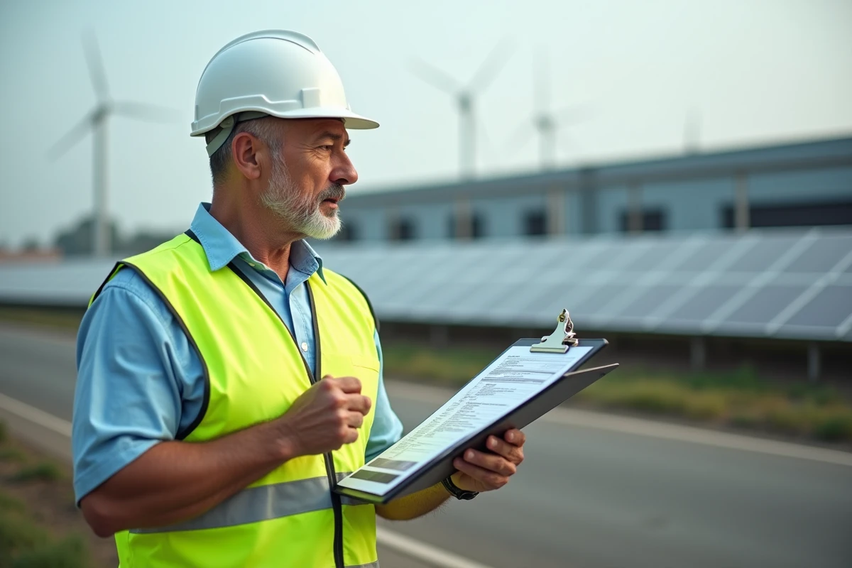 Responsable terrain en équipement de sécurité évaluant les installations durables d'une entreprise industrielle lors d'un audit RSE