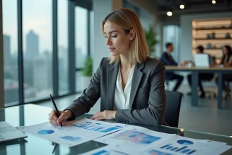 Auditrice d'un Big 4 analysant des rapports financiers dans une salle de conférence moderne avec vue sur la ville