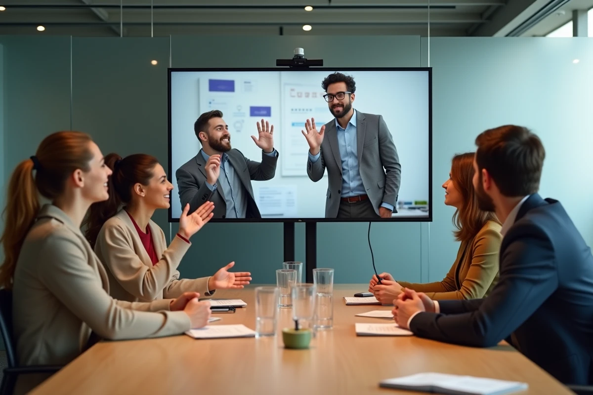 Équipe disant au revoir à un collègue lors d'un appel Teams dans une salle de réunion moderne