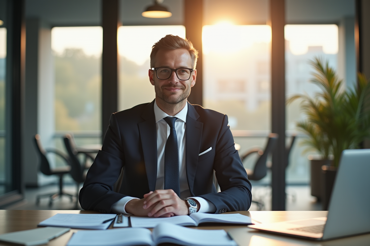 Avocat belge en bureau moderne avec documents et ordinateur