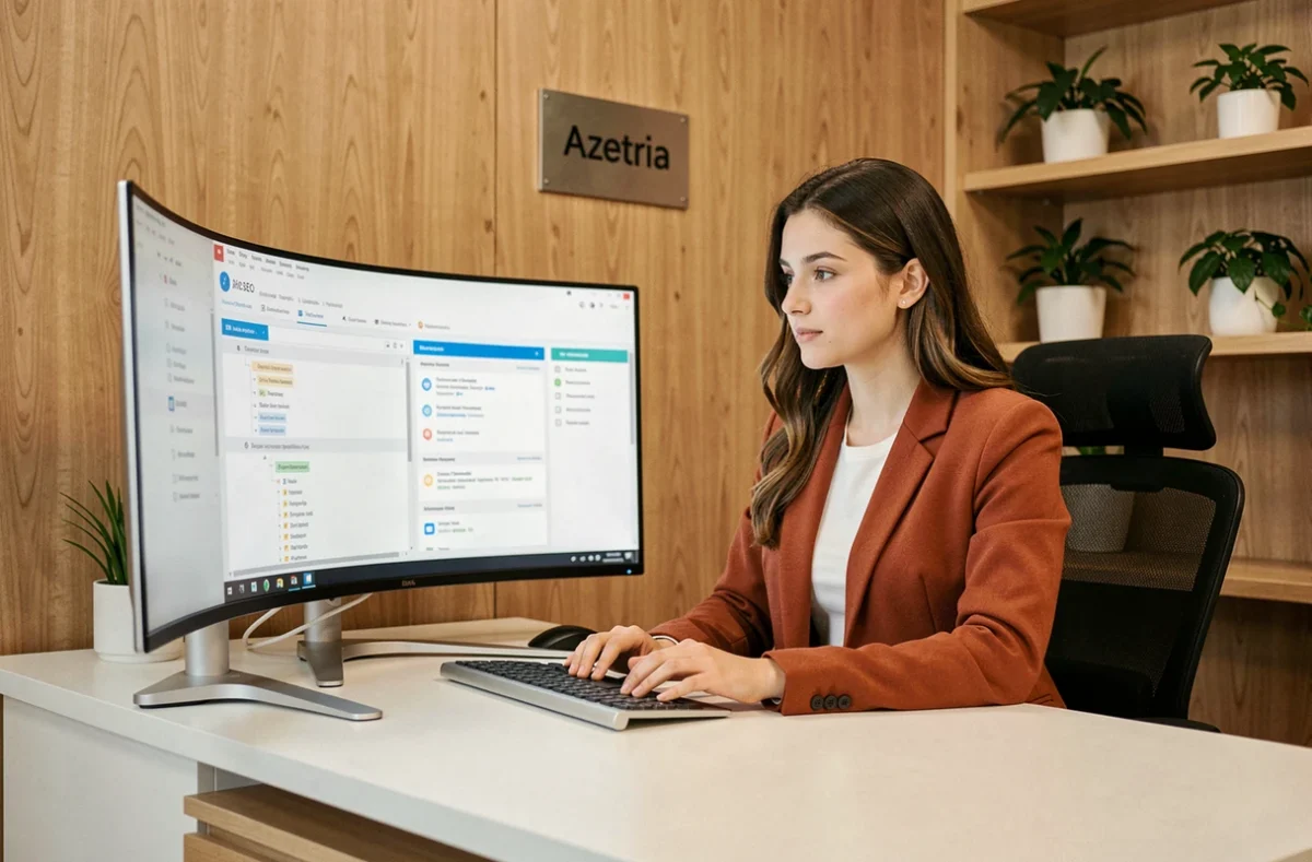 Chef de projet digitale d'Azetria examinant un plan de projet SEO multicanal sur un grand moniteur incurvé dans un bureau organisé et chaleureux