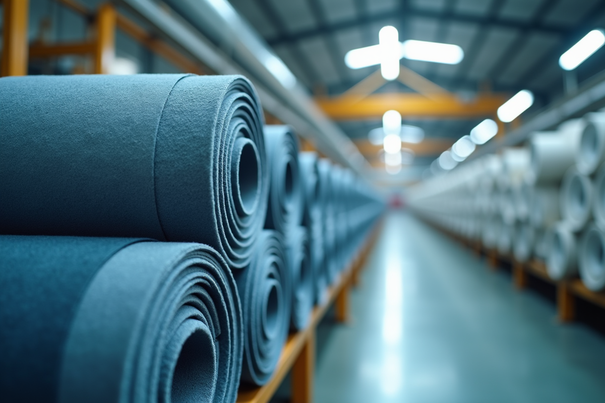 Bobines de tissu thermique empilees dans une usine lumineuse