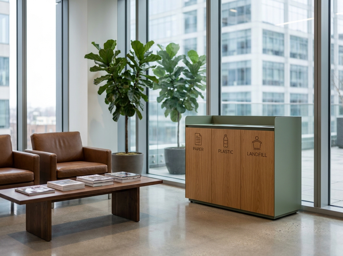 Hall d'accueil d'entreprise avec une borne de tri design en chêne et métal vert sauge intégrée dans une décoration haut de gamme