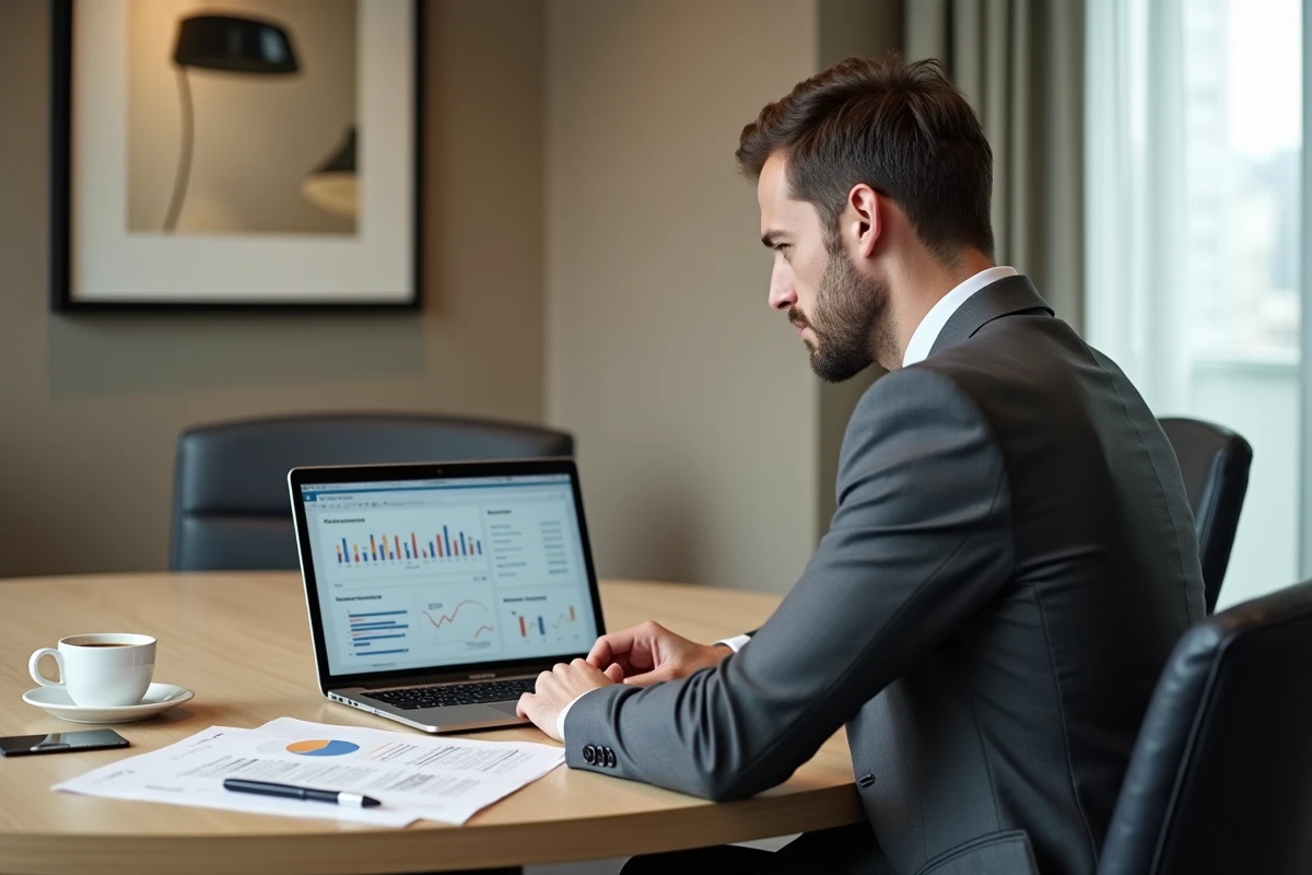 Entrepreneur en réunion B2B analysant un plan d'actions et un budget de networking dans une salle de conférence d'hôtel