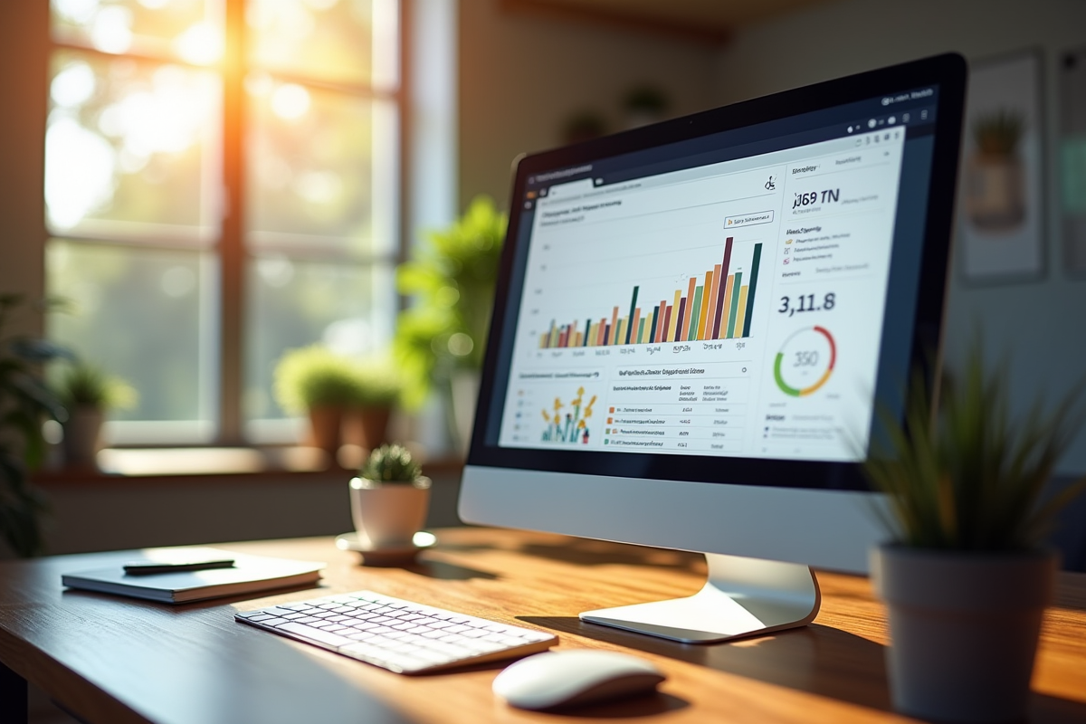 Espace de travail moderne avec écran affichant un tableau de bord analytique