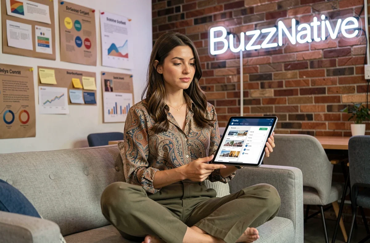 Stratégiste de contenu de BuzzNative consultant un tableau de bord de publicité native sur une tablette dans un espace créatif décoré de campagnes médias