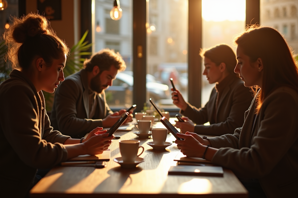 Groupe dans un café écoutant un podcast sur smartphones et tablettes