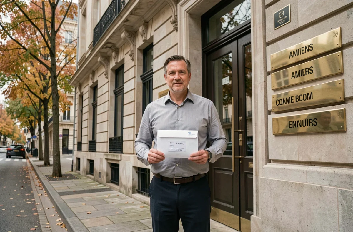 Entrepreneur devant un centre d'affaires avec plaques de domiciliation à Amiens