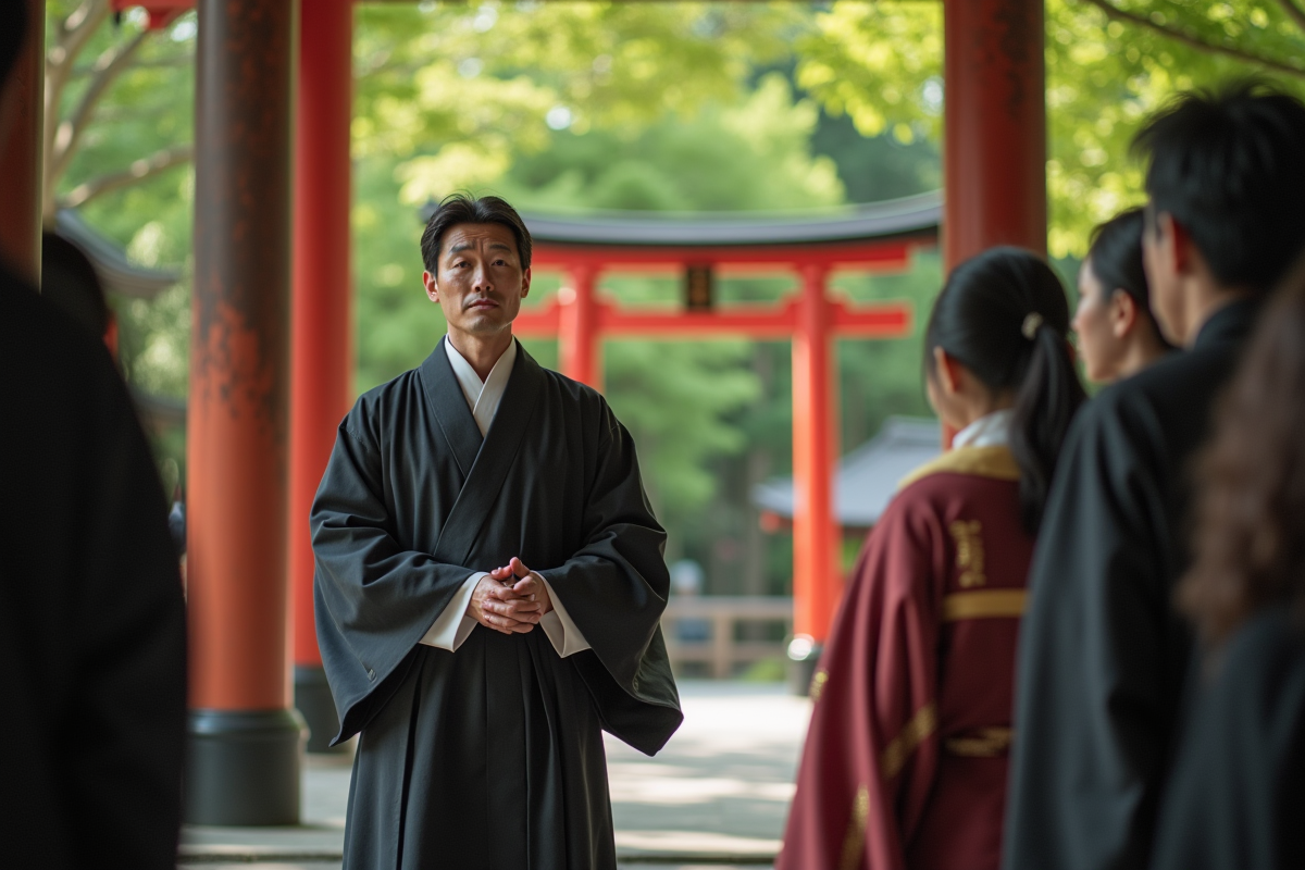 Cérémonie shinto traditionnelle avec un prêtre et torii rouges
