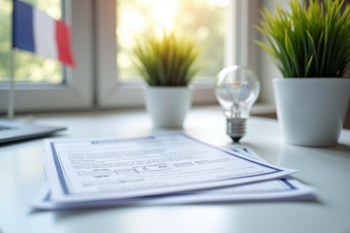 Pile de certificats d energie français avec ampoule LED et plante verte