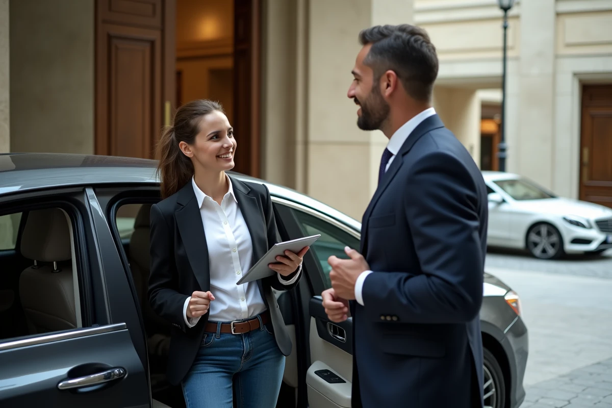 Chauffeuse VTC accueillante avec client dans voiture moderne
