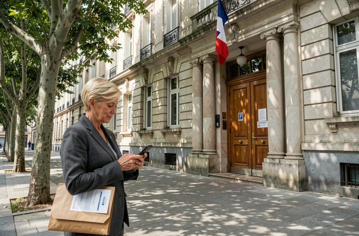 Cheffe d'entreprise individuelle devant la mairie pour déposer un dossier de domiciliation administrative
