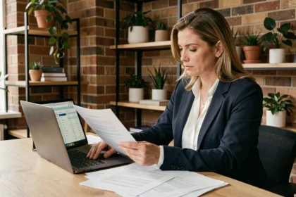 Cheffe d'entreprise consultant des documents légaux et un logiciel de registre d'entreprise sur son ordinateur dans un bureau moderne
