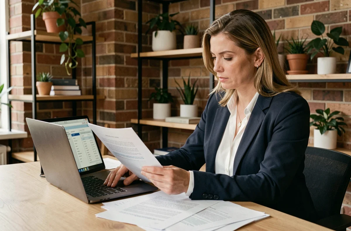 Cheffe d'entreprise consultant des documents légaux et un logiciel de registre d'entreprise sur son ordinateur dans un bureau moderne
