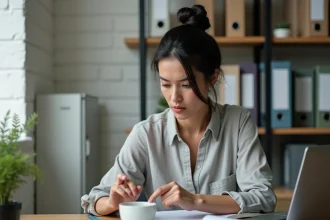 Cheffe de petite entreprise débordée gérant son planning sur un ordinateur portable dans un bureau encombré