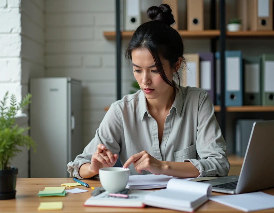 Cheffe de petite entreprise débordée gérant son planning sur un ordinateur portable dans un bureau encombré