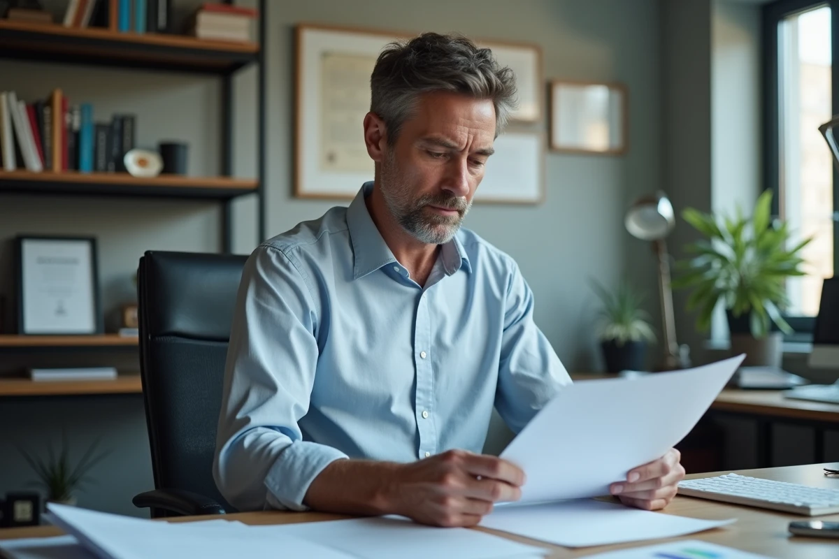 Chercheur en bureau moderne examinant des papiers scientifiques