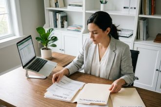 Femme organisée classant des contrats et factures dans des dossiers étiquetés sur un bureau en bois dans un bureau à domicile moderne