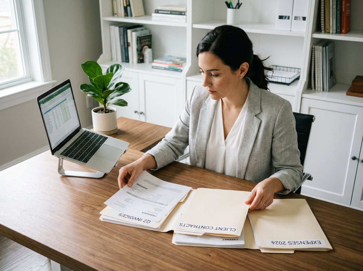 Femme organisée classant des contrats et factures dans des dossiers étiquetés sur un bureau en bois dans un bureau à domicile moderne