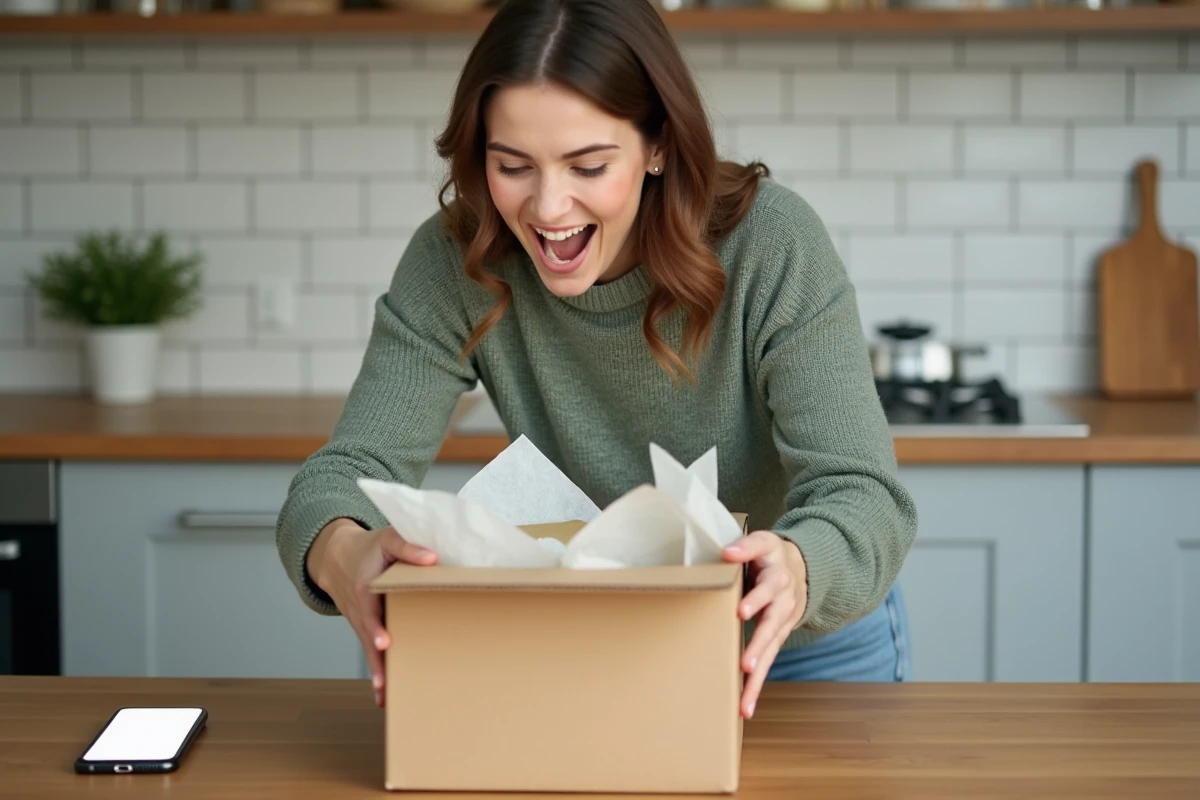 Cliente heureuse ouvrant un colis livré à domicile commandé sur un site e-commerce, expérience client unboxing