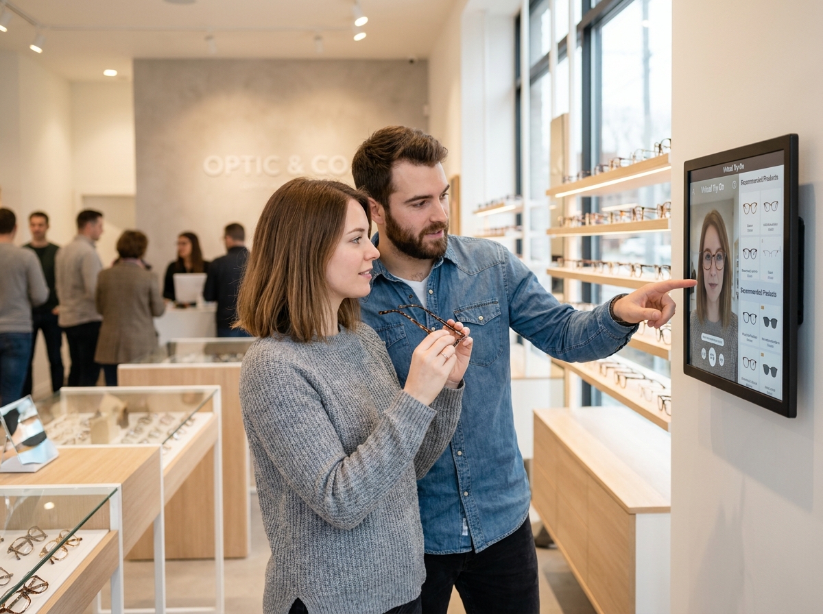 Couple découvrant les services en ligne d'un magasin d'optique grâce à un partenaire numérique