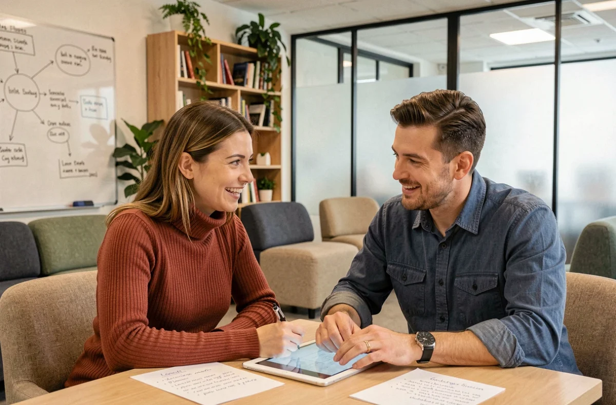 Deux collègues collaborant autour d'une tablette dans un espace de coworking à Colomiers lors d'une session de travail partagé